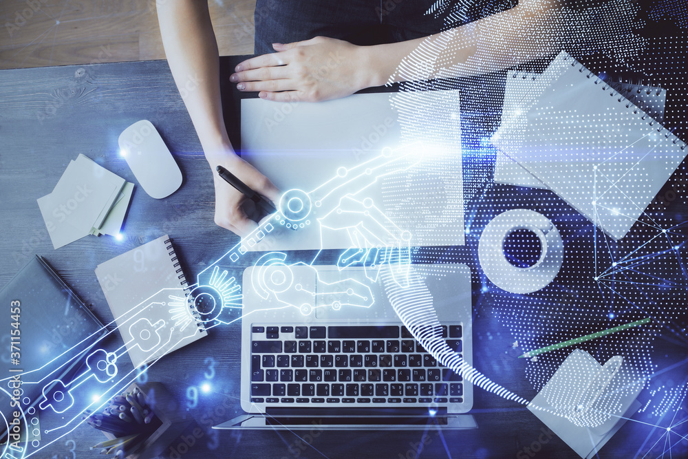 Aufkleber tech theme hologram over woman's hands taking notes background. concept of hightech. double exposure