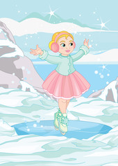 Cute girl wearing warm winter clothes ice skating on frozen surface