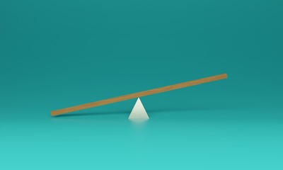 3D rendering of seesaw or teeter totter made of wooden board and shiny triangular base against a blue background. Illustration is blank with copy space for images and text.