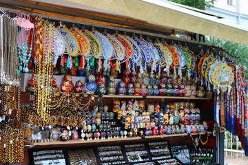 Souvenir shop with kokoshniks, caskets, matryoshkas, amber ornaments, shawls, costume jewelry and...