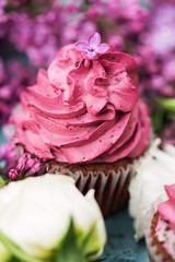 Close ip pink cupcake with white rose and lilac
