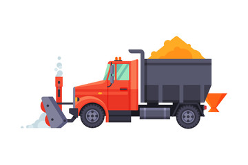 Naklejka premium Snow Plow Truck, Winter Snow Removal Machine, Professional Cleaning Road Vehicle Vector Illustration