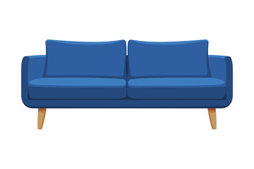 Blue Comfortable Sofa, Cozy Domestic or Office Furniture, Modern Interior Design Flat Vector Illustration