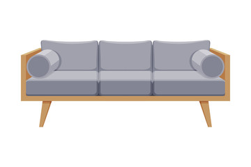 Gray Comfortable Sofa, Cozy Domestic or Office Furniture, Modern Interior Design Flat Vector Illustration