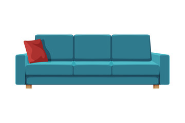 Comfortable Sofa, Cushioned Cozy Domestic or Office Furniture with Blue Upholstery, Modern Interior Design Element Flat Vector Illustration
