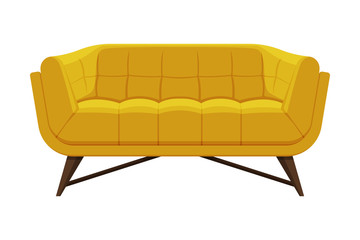 Comfortable Sofa, Cushioned Cozy Domestic or Office Furniture with Yellow Upholstery, Modern Interior Design Element Flat Vector Illustration