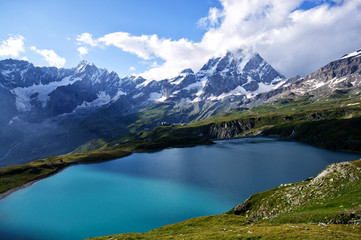Fototapeta na wymiar Alpine lake with Matterhorn, beautiful landscape near Cervinia, Italy