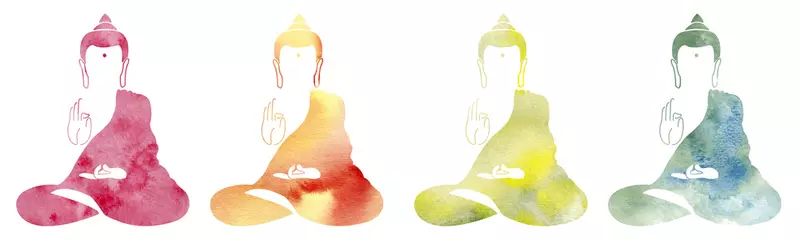 Zelfklevend Fotobehang Set of Watercolor colorful buddha. Symbol of buddha isolated on white background. Indian, Buddhism, Spiritual motifs. Yoga, spirituality. Buddha silhouette for spa logo © olgahalizeva
