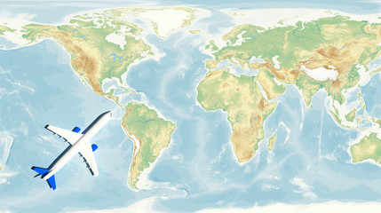 Fototapeta na wymiar airplane on world map background. concept of plane travel. Empty space for text - booking a flight ticket