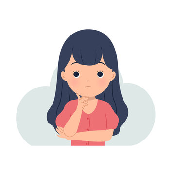 recommend clip art: A woman holding her chin while thinking for a solution. Problem solving, confused, idea, contemplate. Flat vector design isolated on white
