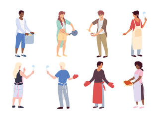set of people with kitchen utensils on white background