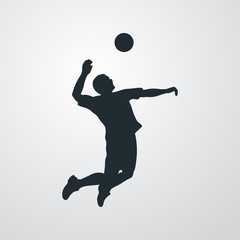 Fototapeta na wymiar Silueta de jugador de voleibol saltando con pelota en fondo gris