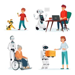 Robots interact with people in various situations. Vector intelligence helper and courier, pet dog computer illustration