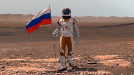 Astronaut walking on Mars with Russian flag. Exploring Mission To Mars Red Planet. Futuristic...