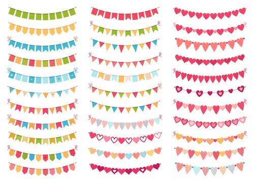 Bunting Flags Collection For Decoration Party, Celebration Birthday Or Festival, Carnival Event Hanging Banner. Vector Illustration