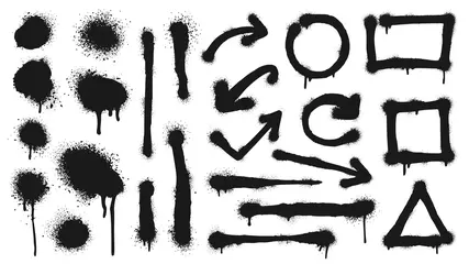 Poster Im Rahmen Graffiti-Spray-Linien, Grunge-Punkte, Pfeile und Rahmen. Vektor-Graffiti-Punkt schmutzig, Grunge-Tinte schwarz, Spritzfleck und Tropfillustration © Tartila
