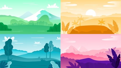 Fototapeta na wymiar Nature landscape background. Landscape sky and mountain, hill outdoor and tree natural colorful, vector illustration, natural forest sunrise