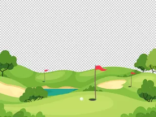 Foto auf Acrylglas Golf-Hintergrund. Grüner Golfplatz mit Loch und roten Fahnen für Einladungskarte, Poster und Banner, Spielturnier-Vektorvorlage. Golfflagge auf grünem Gras, Wettkampf- und Freizeitillustration © Tartila