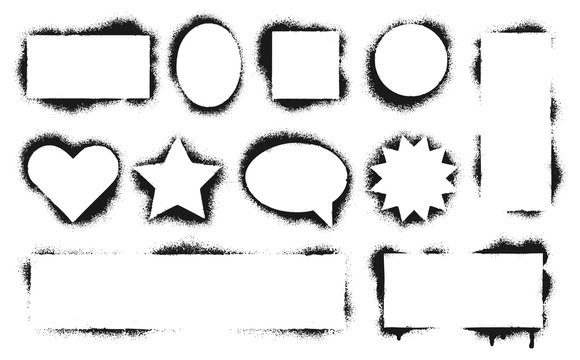 Stencil frames. Dirty texture border, black grunge paint, shape decoration ink rubber stamp heart and star. Vector illustration