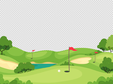 Golf background. Green golf course with hole and red flags for invitation card, poster and banner, play tournament vector template. Golf flag on green grass, competition and leisure illustration