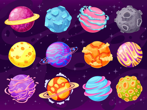 Fantasy planets. Colorful cosmic planet objects for game design fantastic galaxy world, astronomy space universe cartoon vector set. Illustration cosmic space, collection cartoon planets