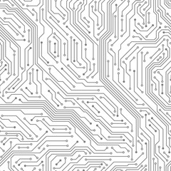 Seamless circuit board. Digital technology electrical scheme printed motherboard computer chip electronic equipment pattern vector texture. Motherboard hardware, circuit scheme processor illustration - obrazy, fototapety, plakaty