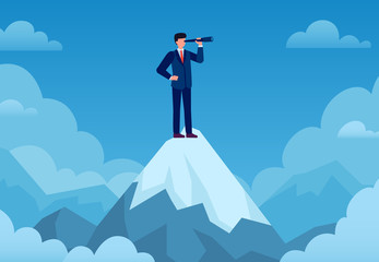 Business vision. Businessman on mountain peak with telescope looking new idea, business startup, visionary forecast, success vector concept. Businessman vision in telescope, success peak illustration © Tartila