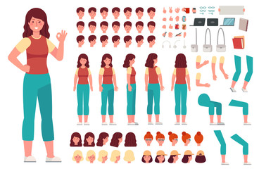 Cartoon female character kit. Woman animation body parts. Girl constructor with hand gestures and various heads vector set. Body do-it-yourself girl, cartoon set generator and creation illustration