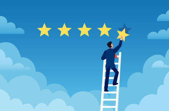 Customer rating. Businessman stands on ladder and gives 5 star, customer feedback. Positive review evaluation system vector concept. Businessman success review, rating service customer illustration