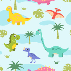 Obraz na płótnie Canvas Vector kids cartoon dinosaurs seamless pattern. Illustration for textile and texture design