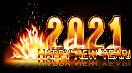 Happy New 2021 year fire flame banner, vector illustration