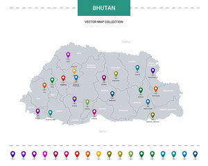 Bhutan map with location pointer marks. Infographic vector template, isolated on white background.