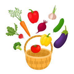 Bright vector illustration of colorful vegetables in basket.