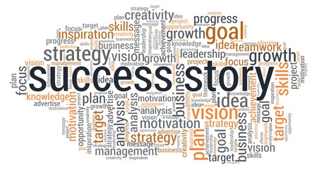 Obraz premium Success story word cloud isolated on a white background.