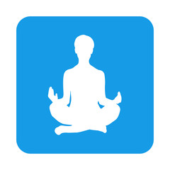 Silueta de mujer practicando la posición del loto de yoga en cuadrado color azul