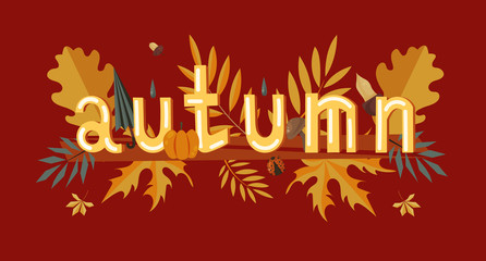 Vector inscription on a red background. Leaves of maple, chestnut, oak, mushrooms, acorns, umbrella, beetle and drops. Decorative elements. For printing, banners, wrappers, covers, prints and textiles