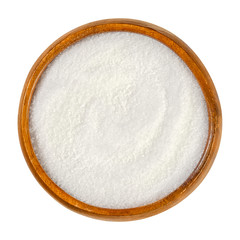 Crystalline citric acid, monohydrate, in a wooden bowl. A weak organic acid with white crystals....