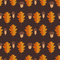 Vector seamless pattern. Image of acorns and oak leaves on a gray background. Template for background. Autumn illustration with decorative elements. For printing, wallpaper, textiles, banners.