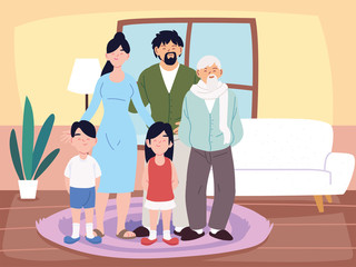 Mother father daughter and son with grandfather cartoons in home room vector design