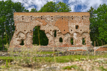 Fototapeta na wymiar Ruins of medieval castle in Viljandi, Estonia in summer sunny day. soft focus.