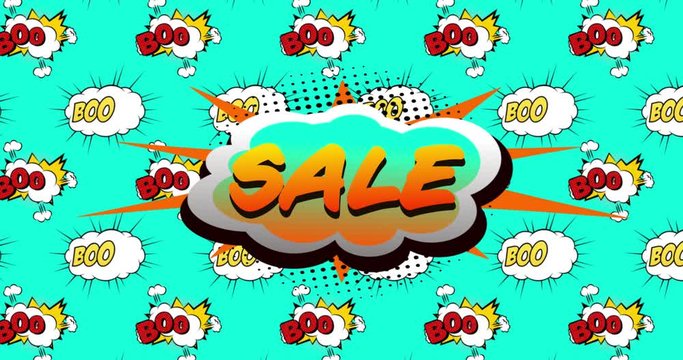 Sale and boom text on speech bubble against green background