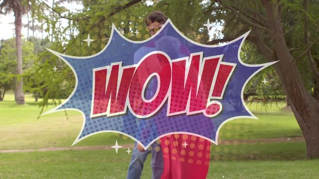 Wow text on speech bubble against son giving high five to his dad