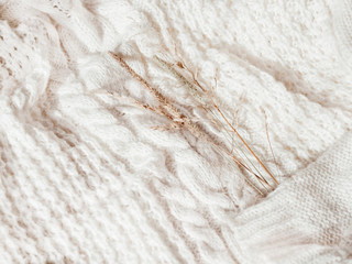 White knitted sweater with dried grass. Autumn concept flat lay. Warm cardigan with plants on it. Rustic authentic lifestyle background.