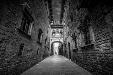 Obraz premium Streets of Barcelona. Bisbe street. in black and white. fine art