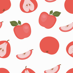 Seamless Apple pattern for fabric or Wallpaper. A whole Apple, a piece of Apple. Vector fruit repeating background.