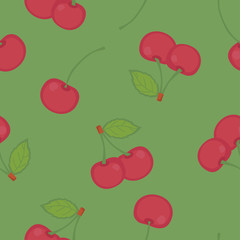 Cute cherry print. Fruit seamless pattern for children's fabric or wrapping paper on a green background.Berry romantic print.