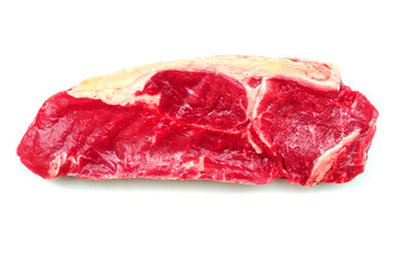 One fresh juicy striploin steak on white isolated background, Meat industry product.