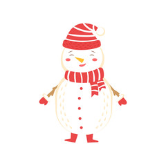 Snowman wear warm hat, scarf and mittens. Vector illustration on white background, isolated snowman for christmas decor