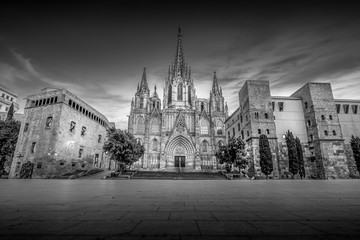 Streets of Barcelona. Cathedral of the city. in black and white. fine art