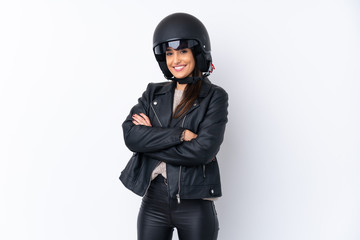Young brunette woman with a motorcycle helmet over isolated white background